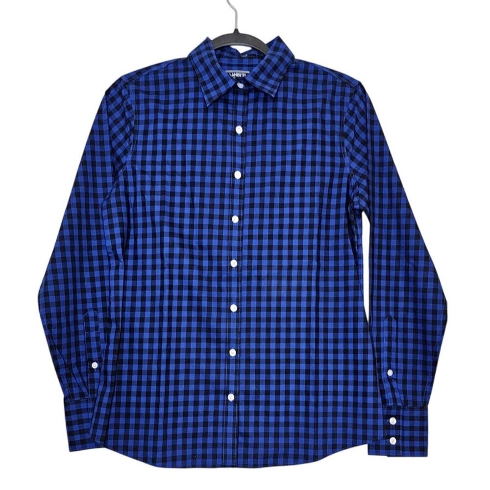 LAND'S END Size 4 Button Down Checkered Black and Blue Shirt Long Sleeve No Iron